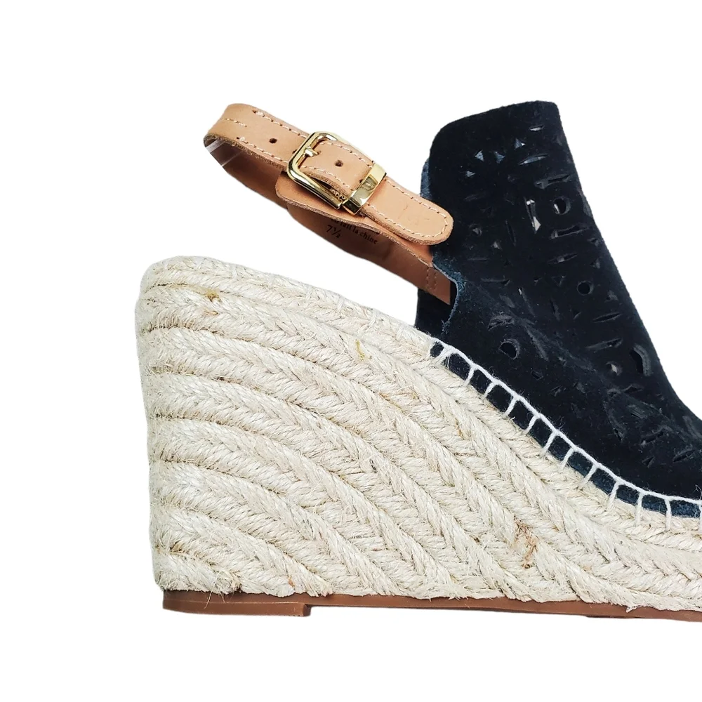 Seychelles Black Laser Cut Suede Leather Espadrille Wedge Shoes Size 7.5